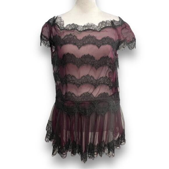 OSCAR de la RENTA✨🎄🥂Vintage Sheer black lace & pink almost off shoulder top SZ - Picture 7 of 16